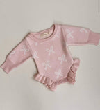 Petite + Co - Frill Romper Baby Pink + Milk Bows
