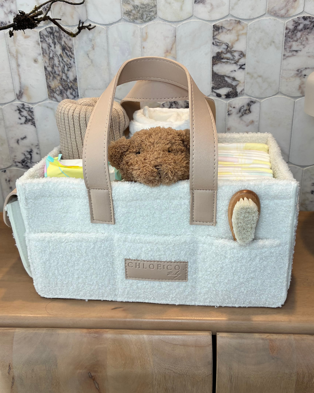 Nappy Caddy Organiser – Cream Bouclé / Beige Straps