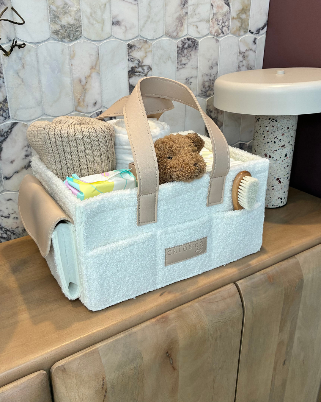 Nappy Caddy Organiser – Cream Bouclé / Beige Straps