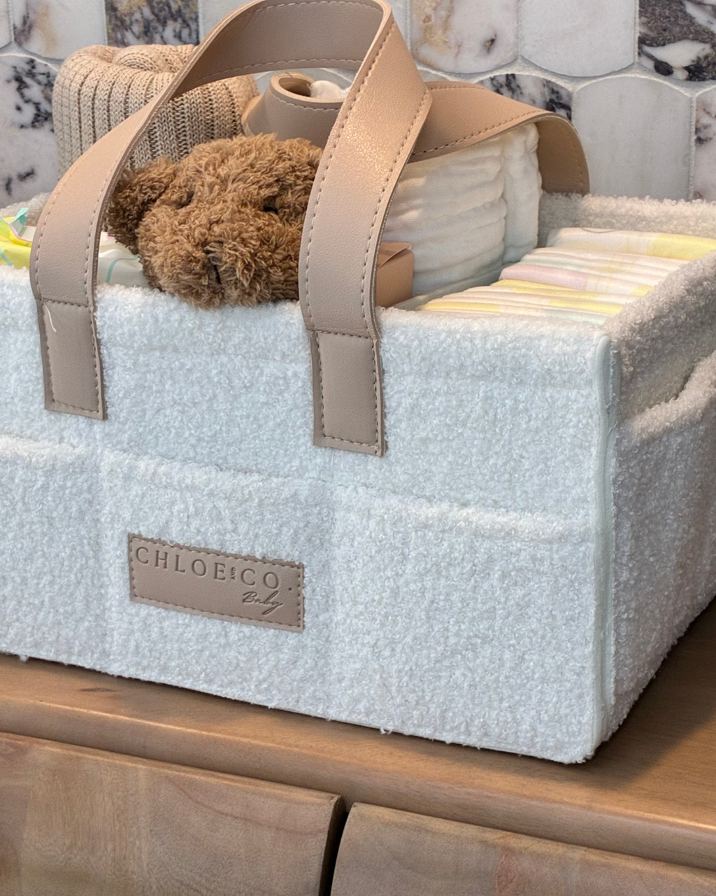 Nappy Caddy Organiser – Cream Bouclé / Beige Straps