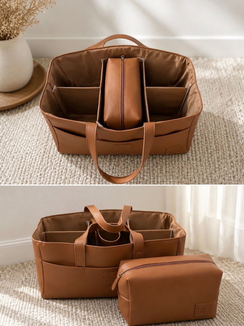 Luxe Vegan Leather Nappy Caddy & Essentials Bag Bundle (Tan) - PRE ORDER