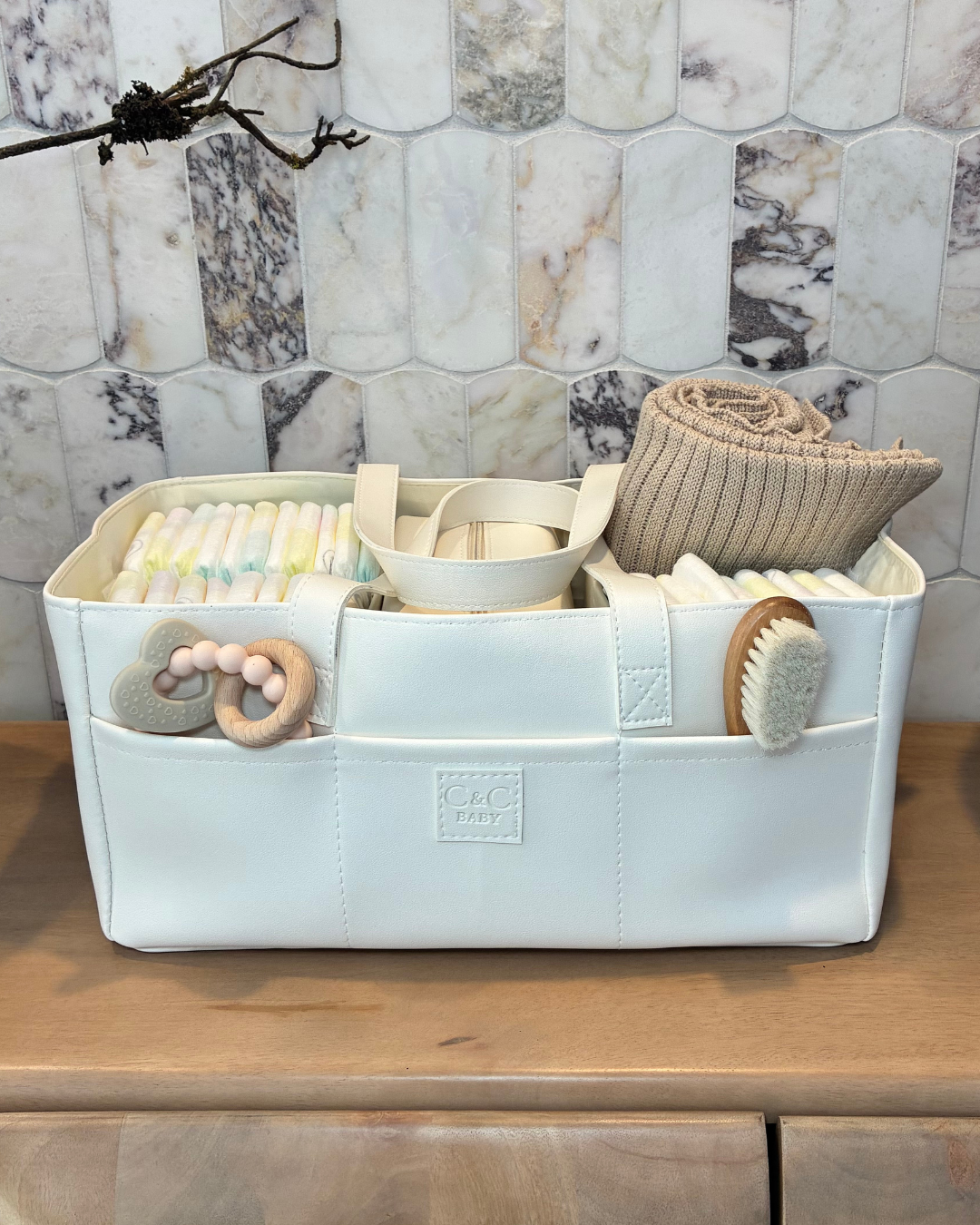 Luxe Vegan Leather Nappy Caddy & Essentials Bag Bundle (White) - PRE ORDER