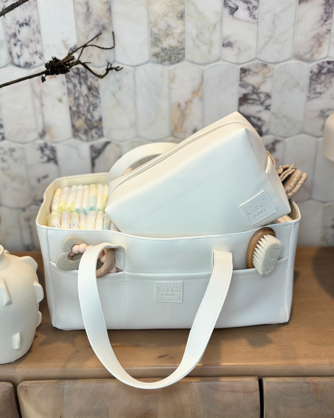 Luxe Vegan Leather Nappy Caddy & Essentials Bag Bundle (White) - PRE ORDER