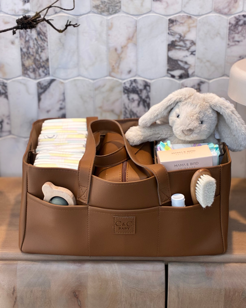 Luxe Vegan Leather Nappy Caddy & Essentials Bag Bundle (Tan) - PRE ORDER