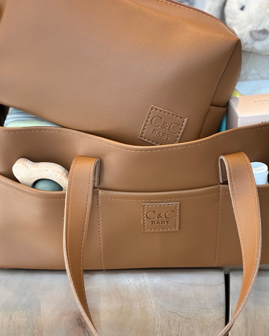 Luxe Vegan Leather Nappy Caddy & Essentials Bag Bundle (Tan) - PRE ORDER